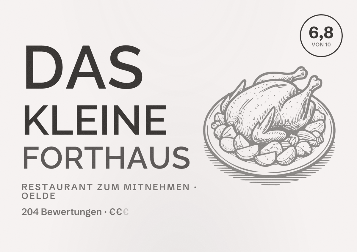 Illustriertes Poster von Das kleine Forthaus, Restaurant zum Mitnehmen in Oelde: Bewertung 6,8 von 10 aus 204 Bewertungen, Preisniveau €€