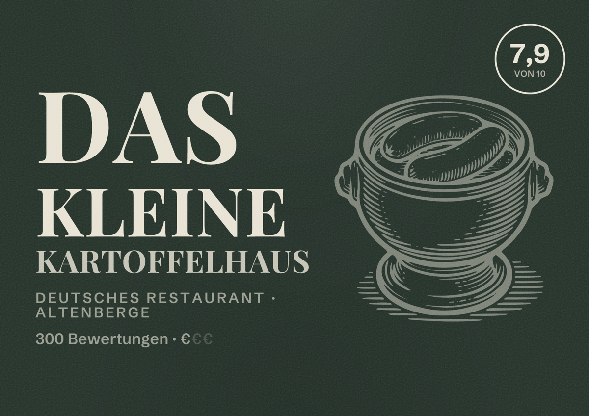 Illustriertes Poster von Das Kleine Kartoffelhaus, Deutsches Restaurant in Altenberge: Bewertung 7,9 von 10 aus 300 Bewertungen, Preisniveau €