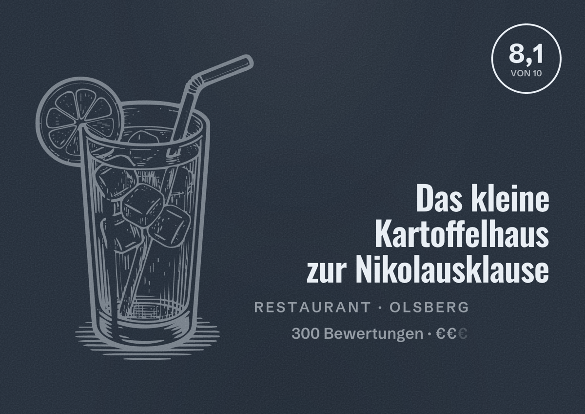 Illustriertes Poster von Das kleine Kartoffelhaus zur Nikolausklause, Restaurant in Olsberg: Bewertung 8,1 von 10 aus 300 Bewertungen, Preisniveau €€