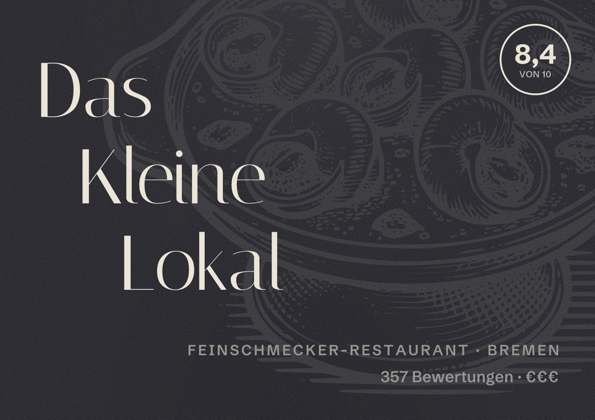 Illustriertes Poster von Das Kleine Lokal, Feinschmecker-Restaurant in Bremen: Bewertung 8,4 von 10 aus 357 Bewertungen, Preisniveau €€€