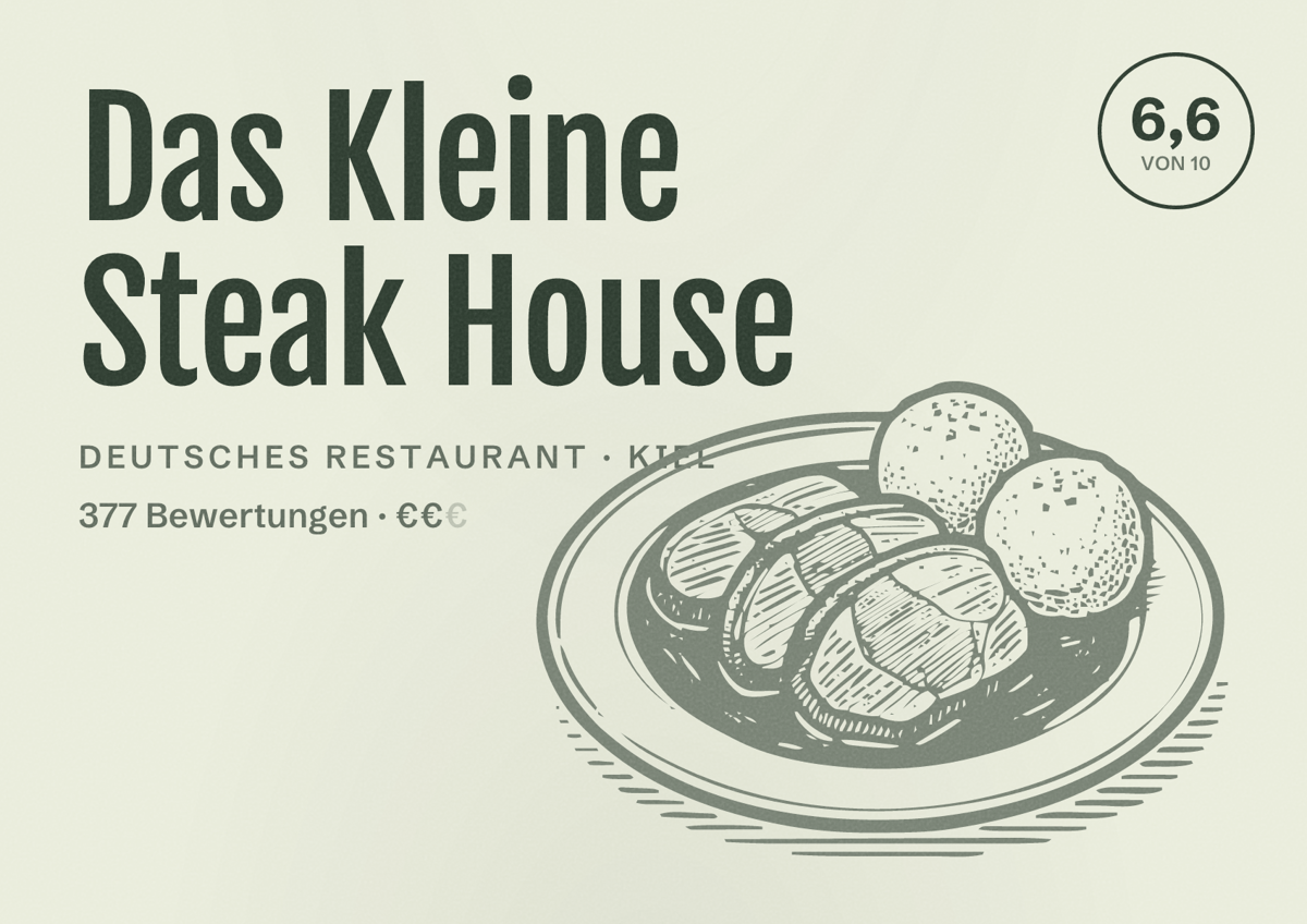 Illustriertes Poster von Das Kleine Steak House, Deutsches Restaurant in Kiel: Bewertung 6,6 von 10 aus 377 Bewertungen, Preisniveau €€