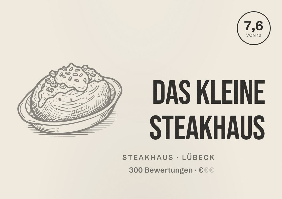 Illustriertes Poster von Das kleine Steakhaus, Steakhaus in Lübeck: Bewertung 7,6 von 10 aus 300 Bewertungen, Preisniveau €