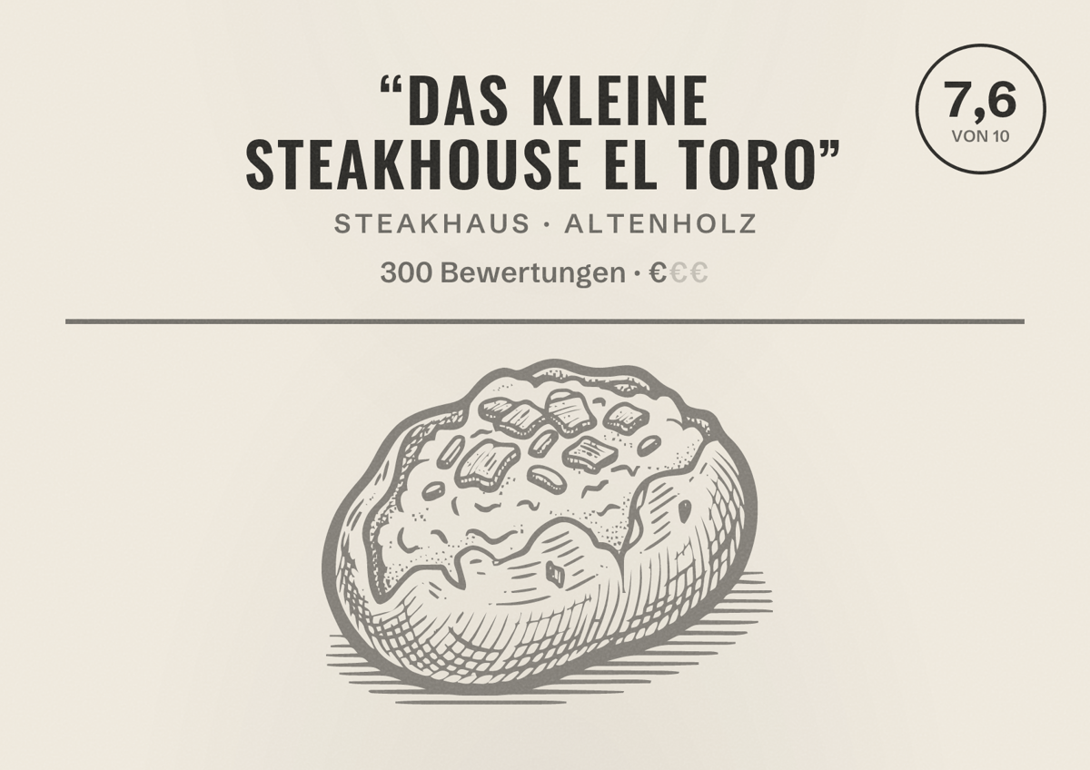 Illustriertes Poster von “Das kleine Steakhouse EL TORO”, Steakhaus in Altenholz: Bewertung 7,6 von 10 aus 300 Bewertungen, Preisniveau €