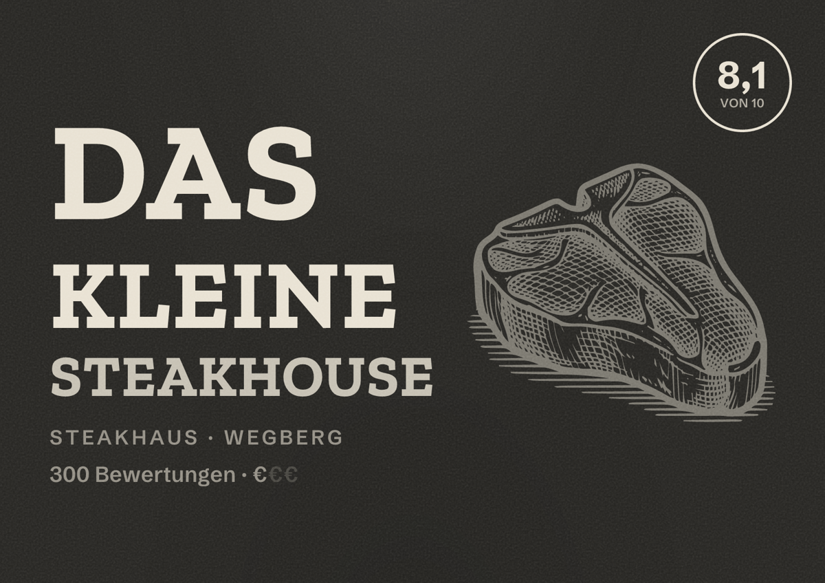 Illustriertes Poster von Das kleine Steakhouse, Steakhaus in Wegberg: Bewertung 8,1 von 10 aus 300 Bewertungen, Preisniveau €