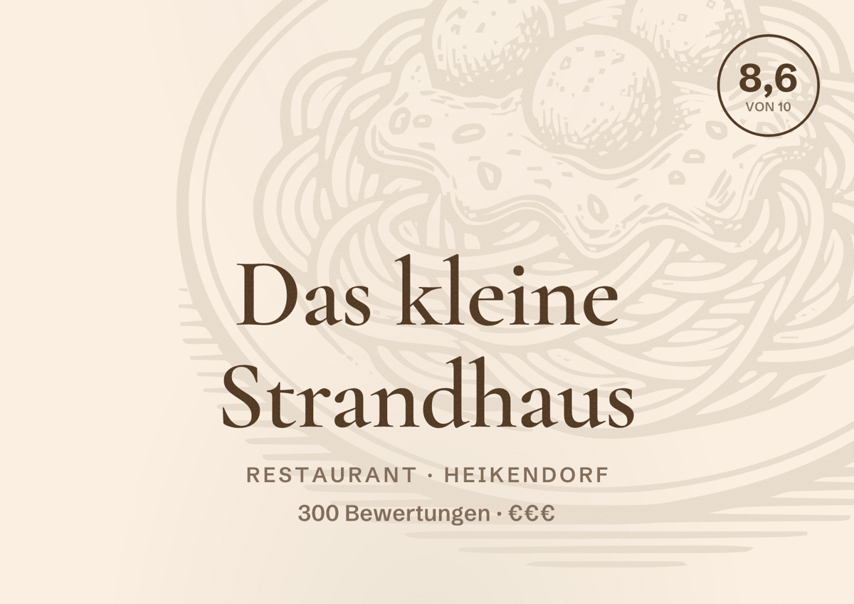 Illustriertes Poster von Das kleine Strandhaus, Restaurant in Heikendorf: Bewertung 8,6 von 10 aus 300 Bewertungen, Preisniveau €€€
