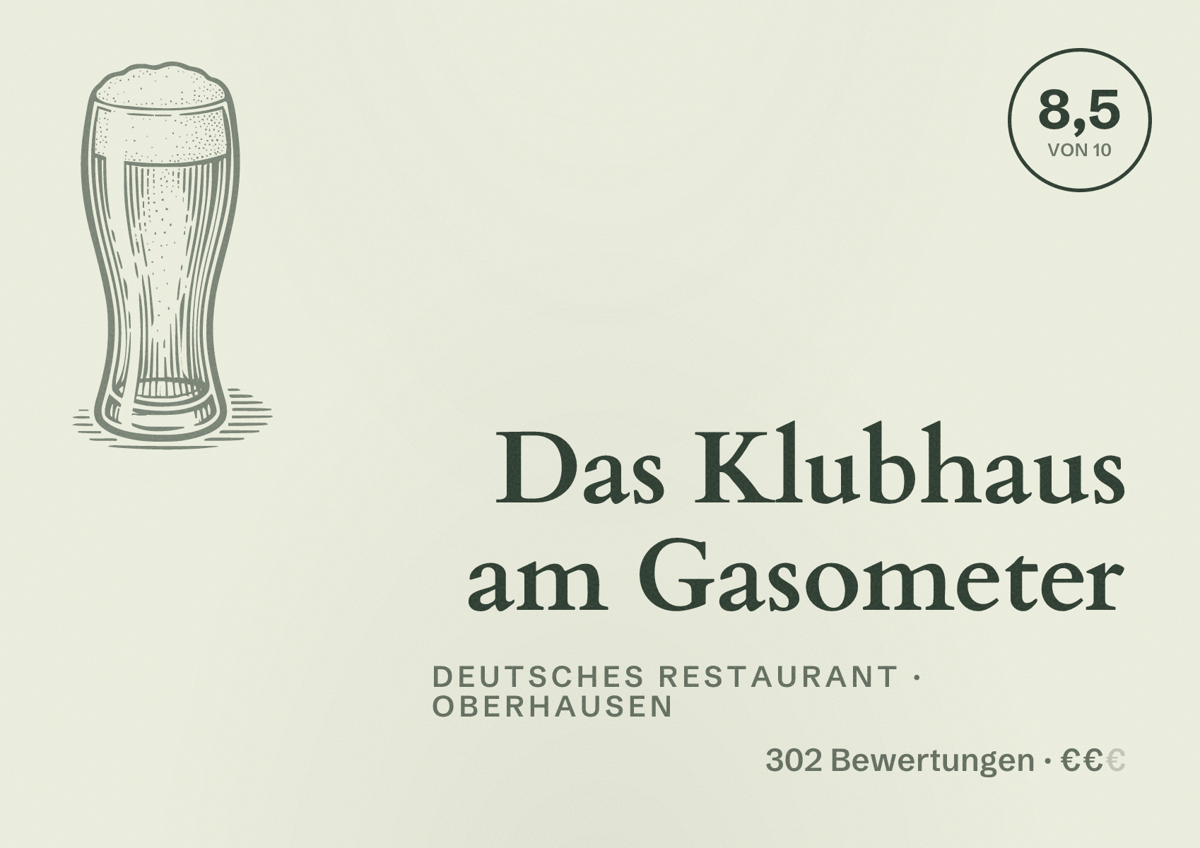 Illustriertes Poster von Das Klubhaus am Gasometer, Deutsches Restaurant in Oberhausen: Bewertung 8,5 von 10 aus 302 Bewertungen, Preisniveau €€