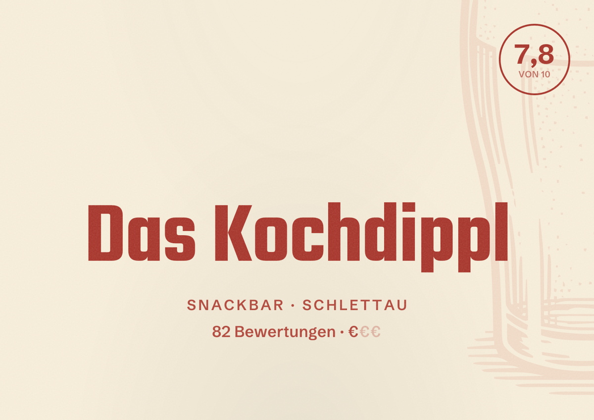 Illustriertes Poster von Das Kochdippl, Snackbar in Schlettau: Bewertung 7,8 von 10 aus 82 Bewertungen, Preisniveau €