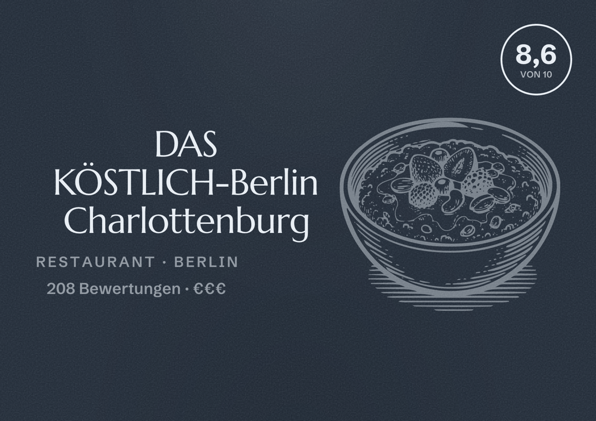 Illustriertes Poster von DAS KÖSTLICH-Berlin Charlottenburg, Restaurant in Berlin: Bewertung 8,6 von 10 aus 208 Bewertungen, Preisniveau €€€