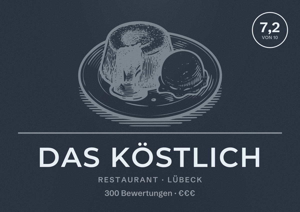 Illustriertes Poster von Das Köstlich, Restaurant in Lübeck: Bewertung 7,2 von 10 aus 300 Bewertungen, Preisniveau €€€