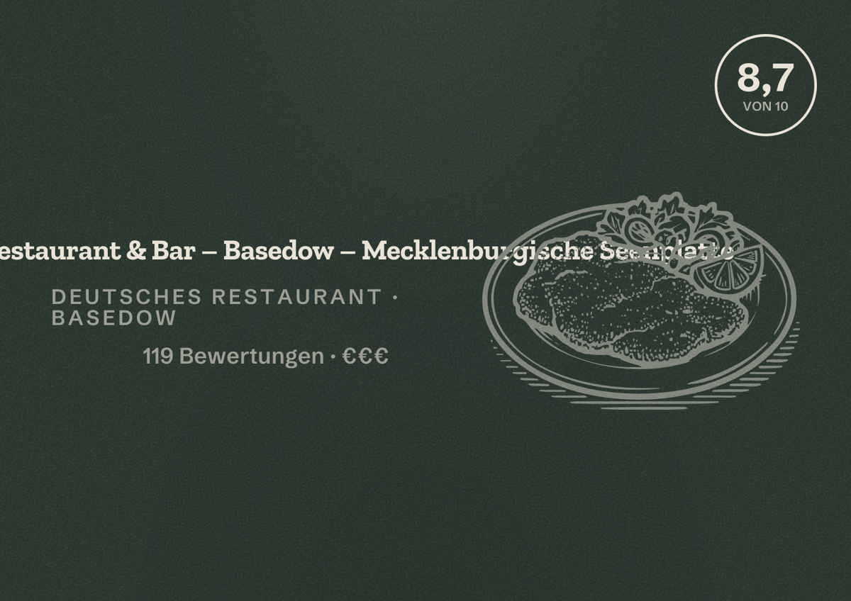 Illustriertes Poster von Das Kranich – Restaurant & Bar – Basedow – Mecklenburgische Seenplatte, Deutsches Restaurant in Basedow: Bewertung 8,7 von 10 aus 119 Bewertungen, Preisniveau €€€