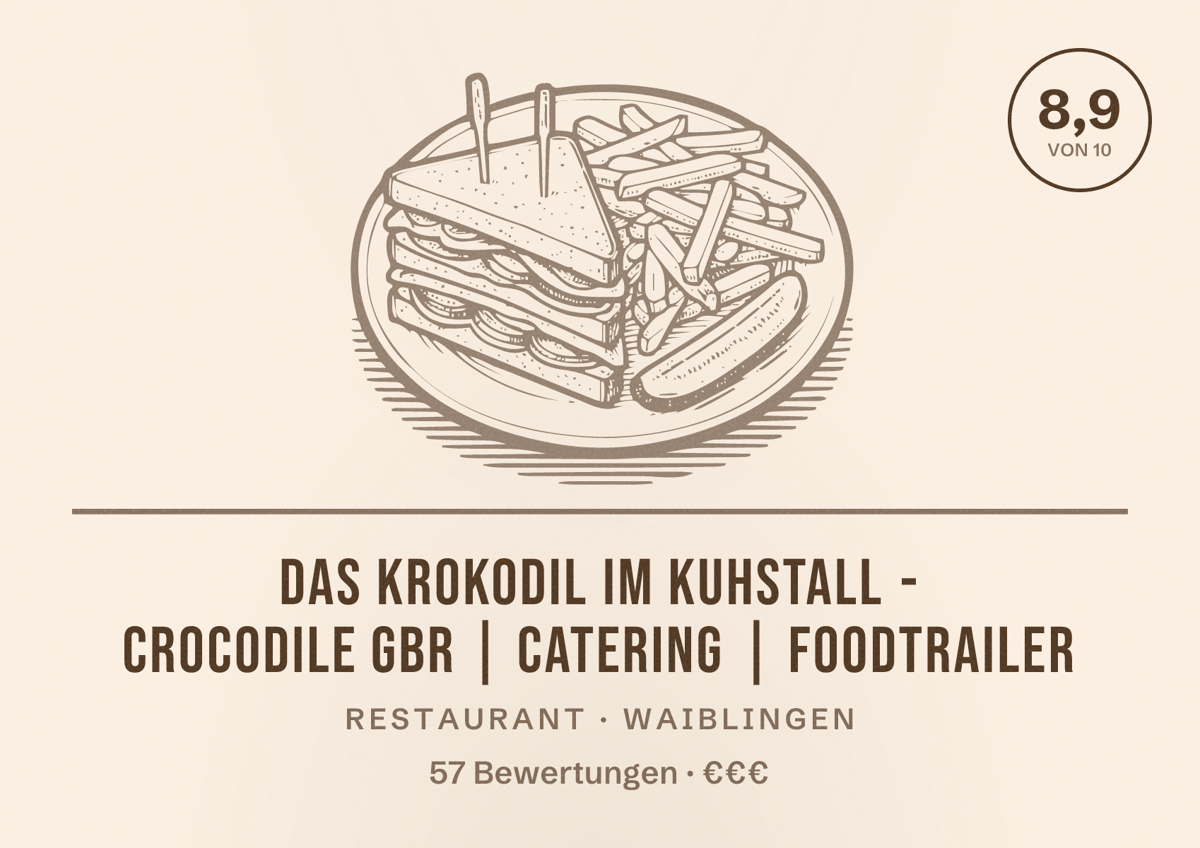 Illustriertes Poster von Das Krokodil im Kuhstall - CrocOdile GbR | Catering | Foodtrailer, Restaurant in Waiblingen: Bewertung 8,9 von 10 aus 57 Bewertungen, Preisniveau €€€