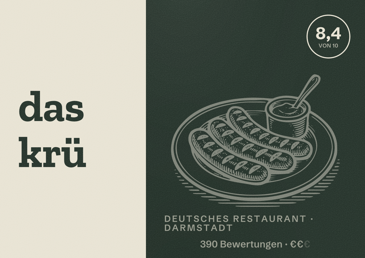 Illustriertes Poster von das krü, Deutsches Restaurant in Darmstadt: Bewertung 8,4 von 10 aus 390 Bewertungen, Preisniveau €€