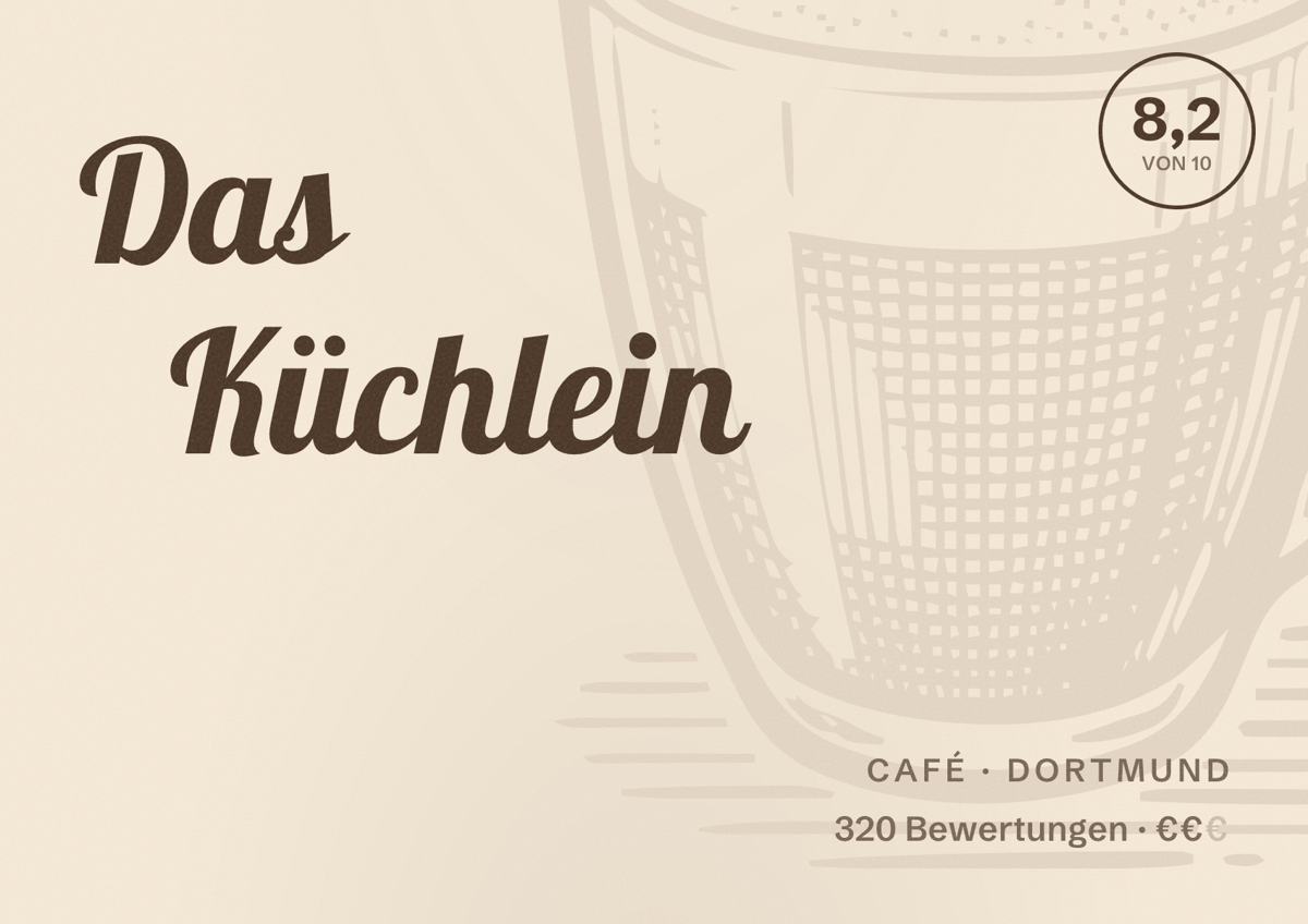 Illustriertes Poster von Das Küchlein, Café in Dortmund: Gästebewertung 8,2 von 10 aus 320 Bewertungen