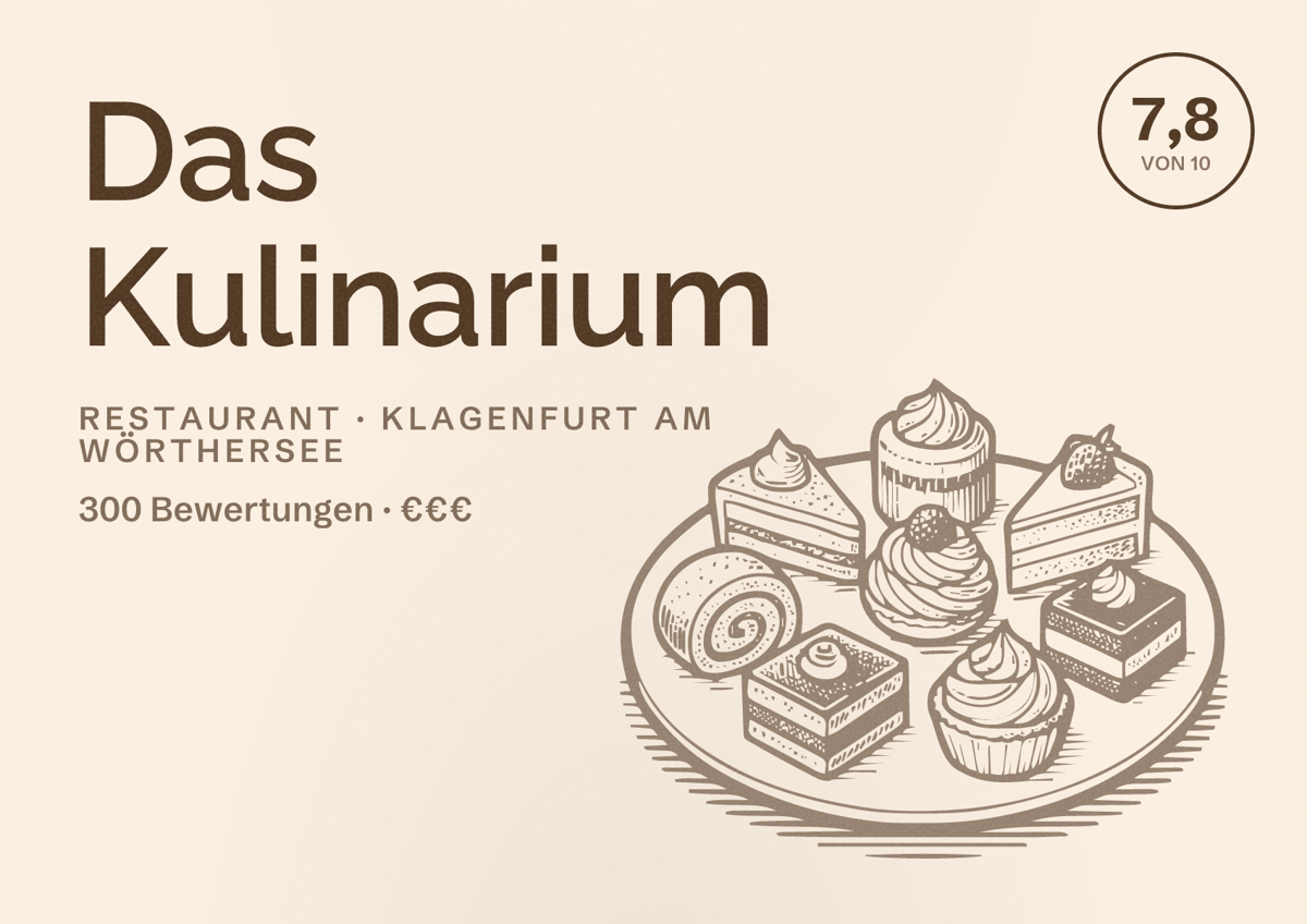 Illustriertes Poster von Das Kulinarium, Restaurant in Klagenfurt am Wörthersee: Bewertung 7,8 von 10 aus 300 Bewertungen, Preisniveau €€€