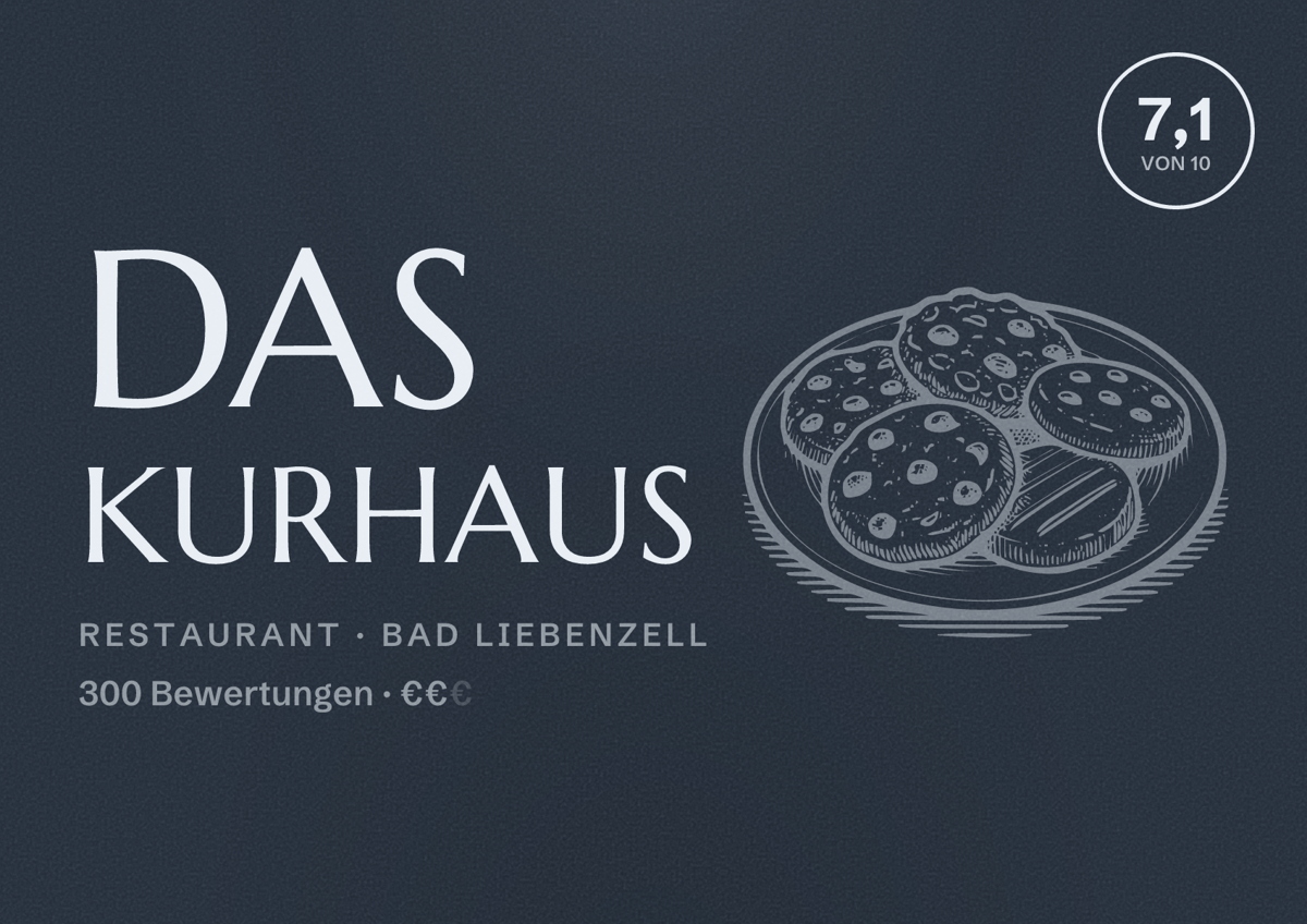 Illustriertes Poster von DAS Kurhaus, Restaurant in Bad Liebenzell: Bewertung 7,1 von 10 aus 300 Bewertungen, Preisniveau €€