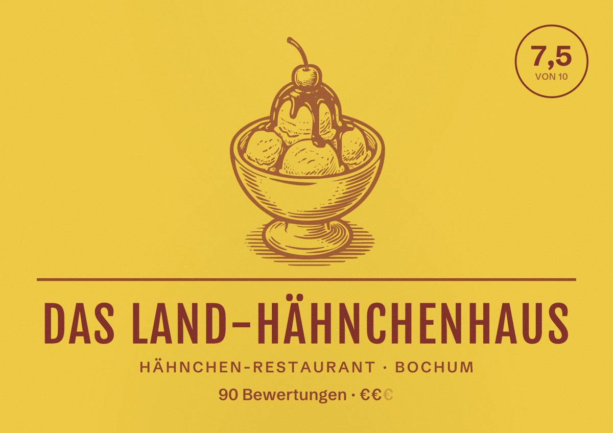 Illustriertes Poster von Das Land-Hähnchenhaus, Hähnchen-Restaurant in Bochum: Bewertung 7,5 von 10 aus 90 Bewertungen, Preisniveau €€