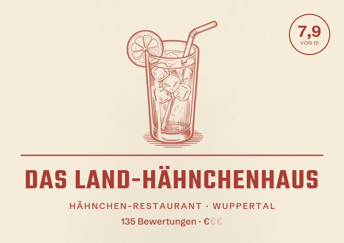 Illustriertes Poster von Das Land-Hähnchenhaus, Hähnchen-Restaurant in Wuppertal: Bewertung 7,9 von 10 aus 135 Bewertungen, Preisniveau €