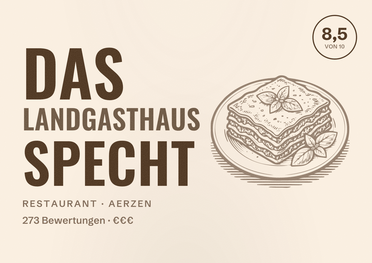 Illustriertes Poster von Das Landgasthaus Specht, Restaurant in Aerzen: Bewertung 8,5 von 10 aus 273 Bewertungen, Preisniveau €€€