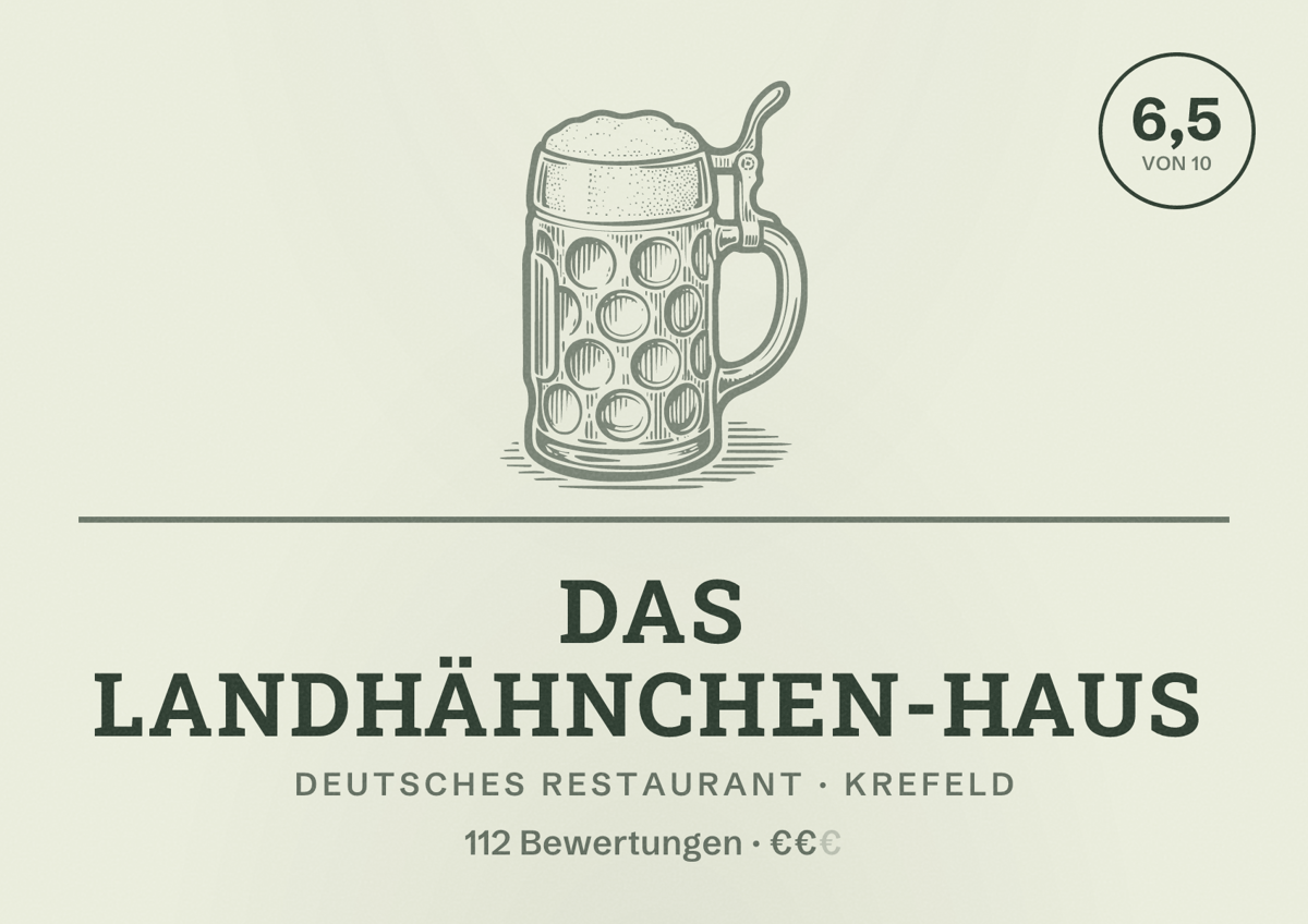 Illustriertes Poster von Das Landhähnchen-Haus, Deutsches Restaurant in Krefeld: Bewertung 6,5 von 10 aus 112 Bewertungen, Preisniveau €€