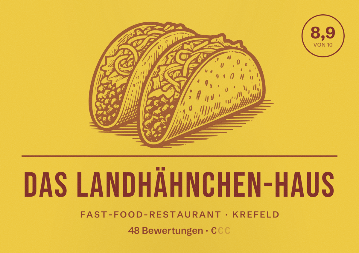 Illustriertes Poster von Das Landhähnchen-Haus, Fast-Food-Restaurant in Krefeld: Bewertung 8,9 von 10 aus 48 Bewertungen, Preisniveau €