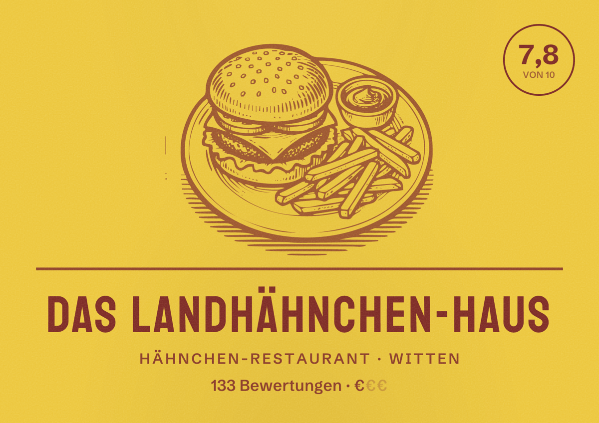Illustriertes Poster von Das Landhähnchen-Haus, Hähnchen-Restaurant in Witten: Bewertung 7,8 von 10 aus 133 Bewertungen, Preisniveau €