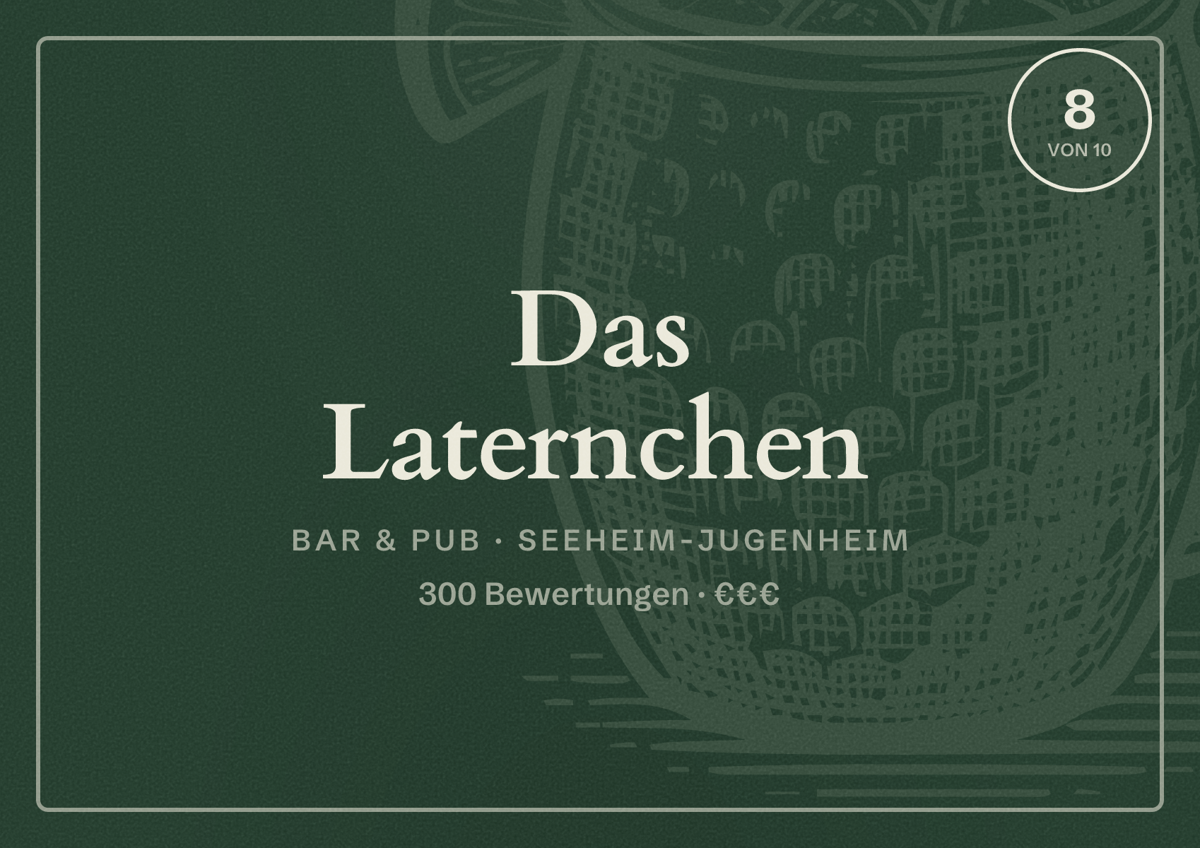Illustriertes Poster von Das Laternchen, Bar & Pub in Seeheim-Jugenheim: Bewertung 8 von 10 aus 300 Bewertungen, Preisniveau €€€