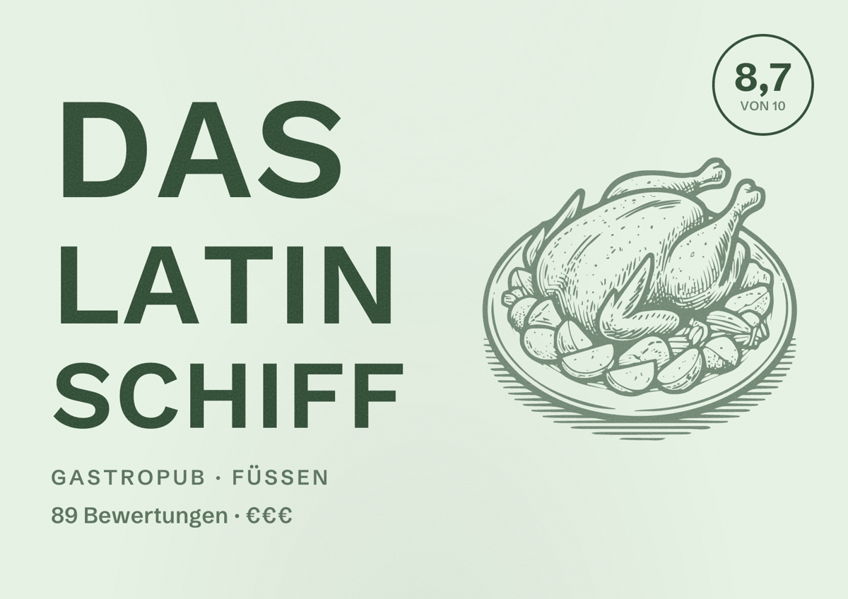 Illustriertes Poster von das latin schiff, Gastropub in Füssen: Bewertung 8,7 von 10 aus 89 Bewertungen, Preisniveau €€€