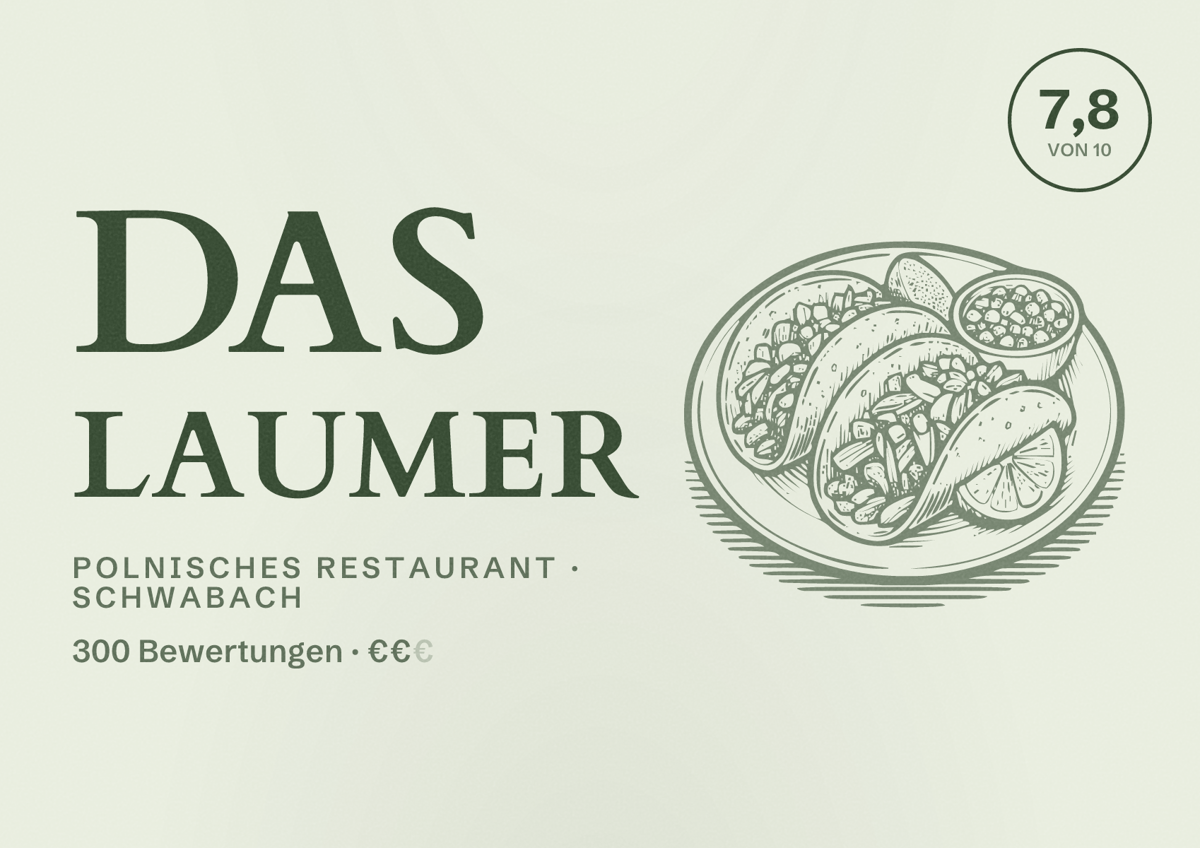 Illustriertes Poster von Das Laumer, Polnisches Restaurant in Schwabach: Bewertung 7,8 von 10 aus 300 Bewertungen, Preisniveau €€