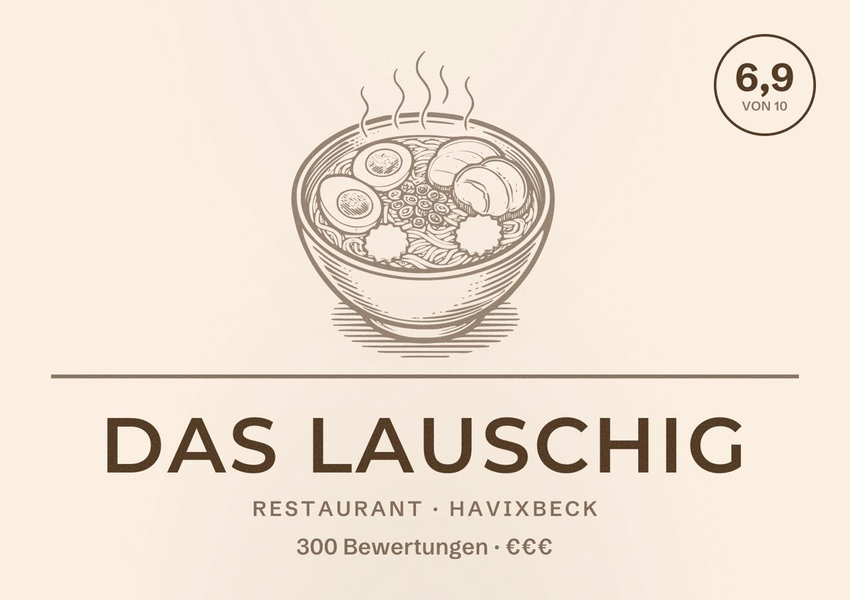 Illustriertes Poster von Das Lauschig, Restaurant in Havixbeck: Bewertung 6,9 von 10 aus 300 Bewertungen, Preisniveau €€€