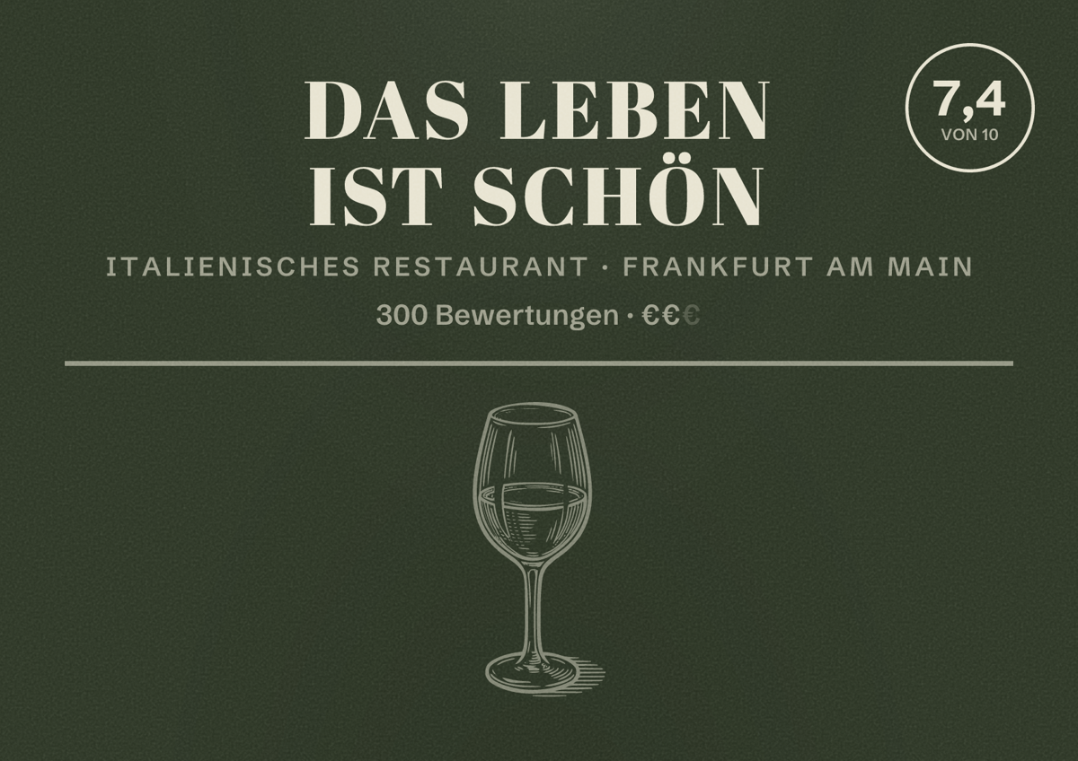 Illustriertes Poster von Das Leben Ist Schön, Italienisches Restaurant in Frankfurt am Main: Bewertung 7,4 von 10 aus 300 Bewertungen, Preisniveau €€