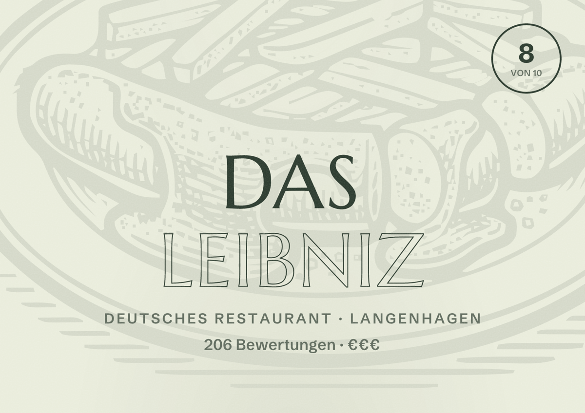 Illustriertes Poster von Das Leibniz, Deutsches Restaurant in Langenhagen: Bewertung 8 von 10 aus 206 Bewertungen, Preisniveau €€€