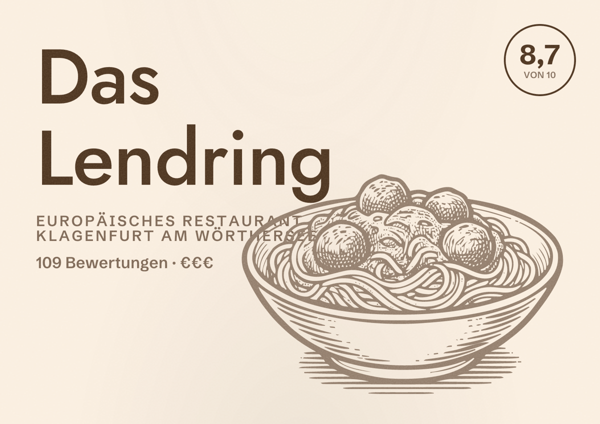 Illustriertes Poster von Das Lendring, Europäisches Restaurant in Klagenfurt am Wörthersee: Bewertung 8,7 von 10 aus 109 Bewertungen, Preisniveau €€€