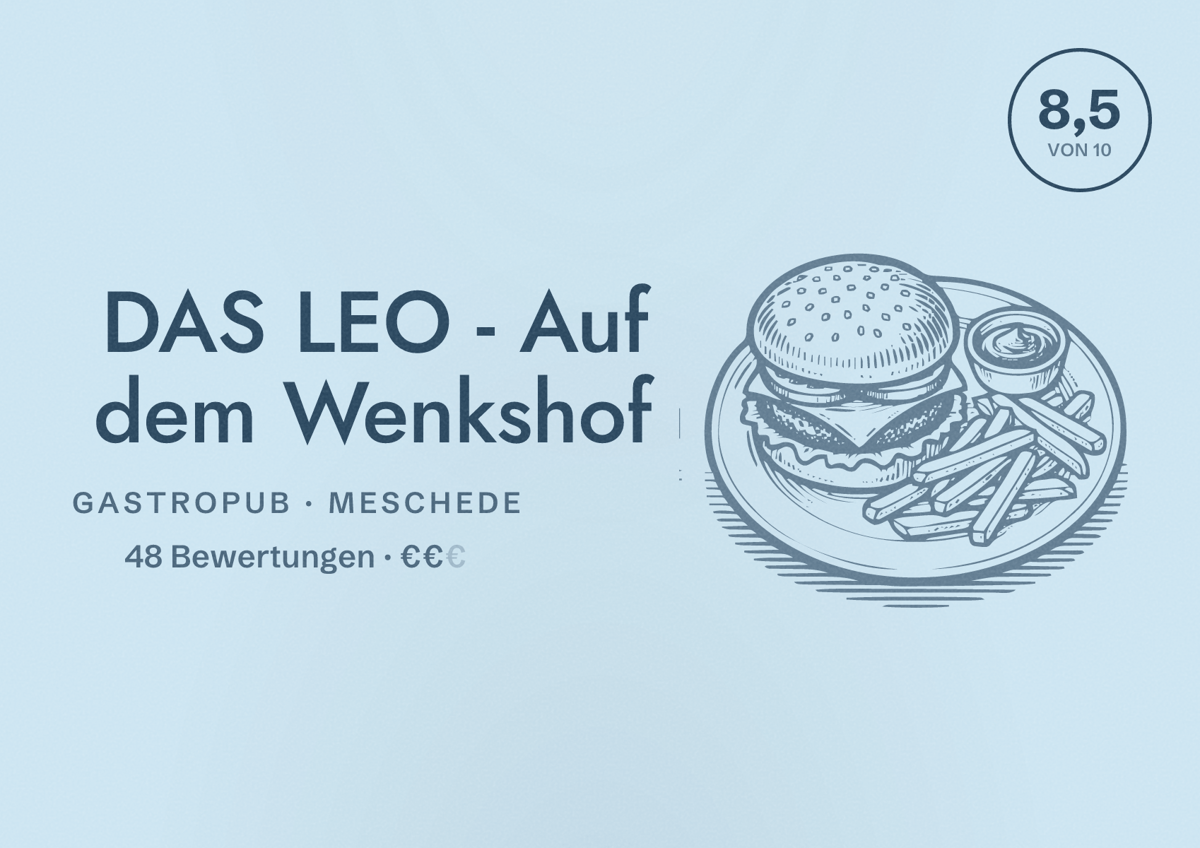 Illustriertes Poster von DAS LEO - Auf dem Wenkshof, Gastropub in Meschede: Bewertung 8,5 von 10 aus 48 Bewertungen, Preisniveau €€