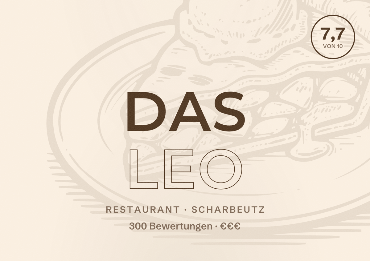 Illustriertes Poster von DAS LEO, Restaurant in Scharbeutz: Bewertung 7,7 von 10 aus 300 Bewertungen, Preisniveau €€€