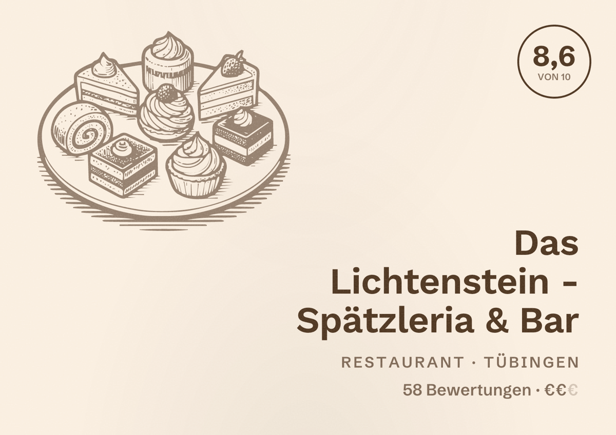 Illustriertes Poster von Das Lichtenstein - Spätzleria & Bar, Restaurant in Tübingen: Bewertung 8,6 von 10 aus 58 Bewertungen, Preisniveau €€