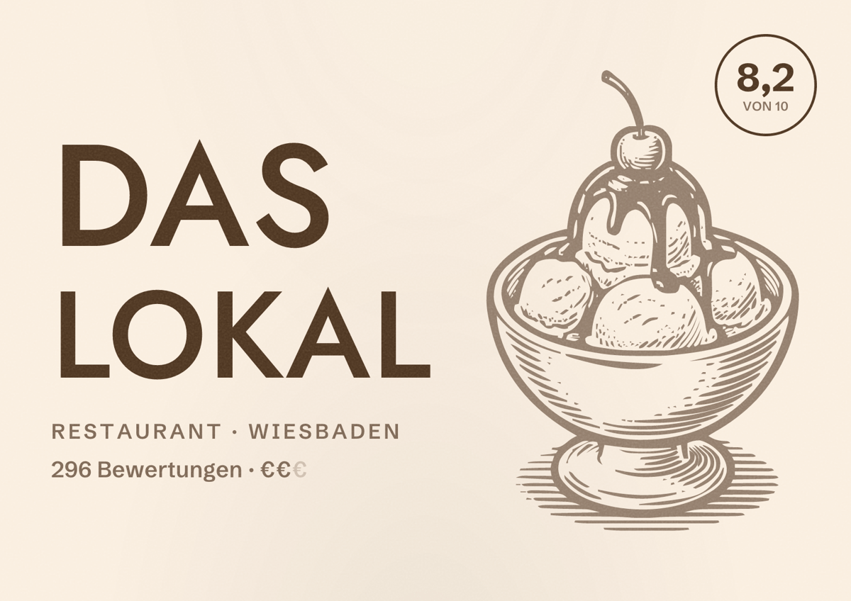 Illustriertes Poster von Das Lokal, Restaurant in Wiesbaden: Bewertung 8,2 von 10 aus 296 Bewertungen, Preisniveau €€