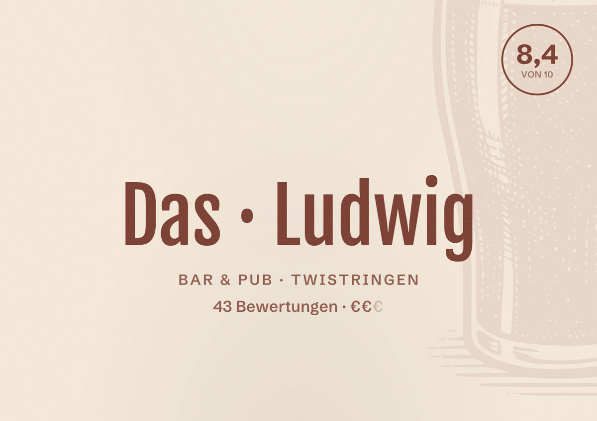 Illustriertes Poster von Das Ludwig, Bar & Pub in Twistringen: Bewertung 8,4 von 10 aus 43 Bewertungen, Preisniveau €€