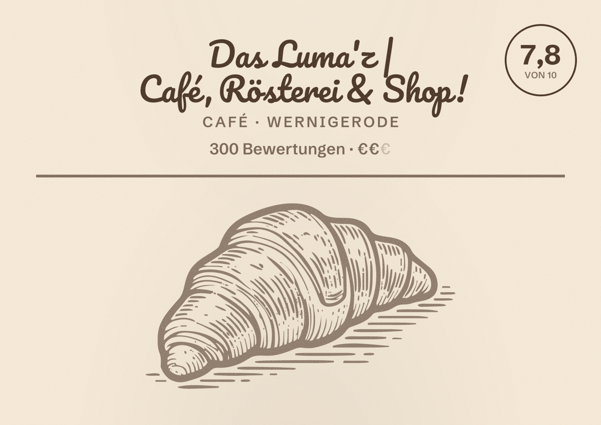 Illustriertes Poster von Das Luma'z | Café, Rösterei & Shop!, Café in Wernigerode: Bewertung 7,8 von 10 aus 300 Bewertungen, Preisniveau €€