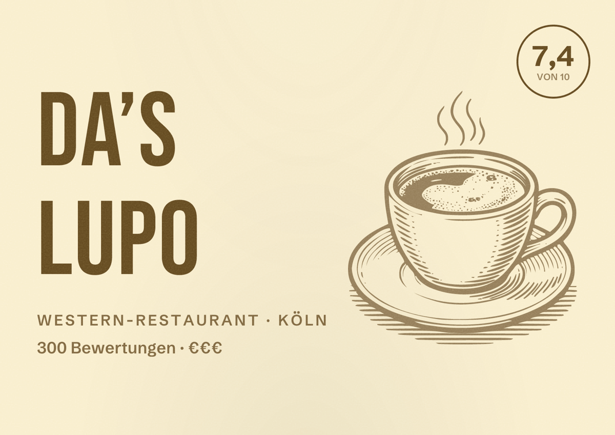 Illustriertes Poster von Da’s Lupo, Western-Restaurant in Köln: Bewertung 7,4 von 10 aus 300 Bewertungen, Preisniveau €€€