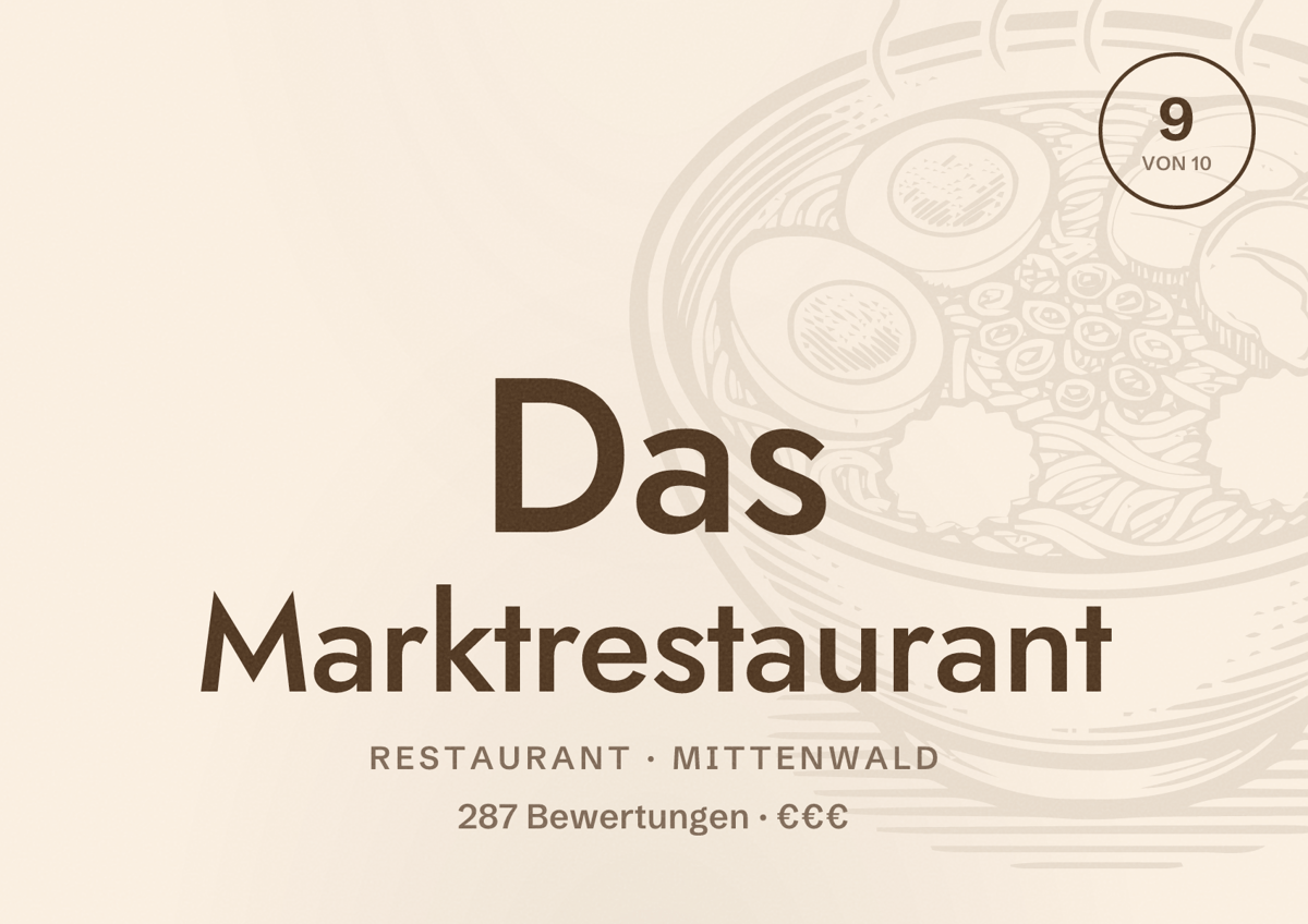 Illustriertes Poster von Das Marktrestaurant, Restaurant in Mittenwald: Bewertung 9 von 10 aus 287 Bewertungen, Preisniveau €€€