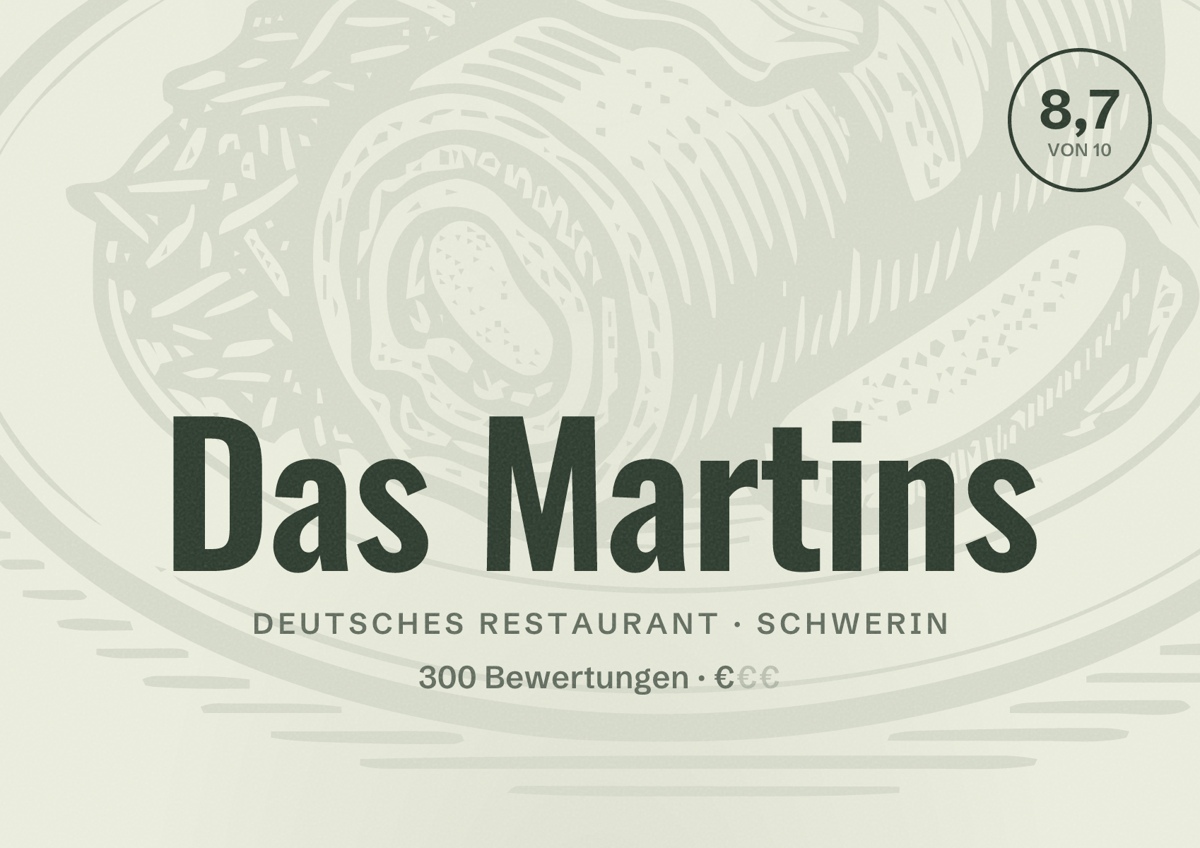 Illustriertes Poster von Das Martins, Deutsches Restaurant in Schwerin: Bewertung 8,7 von 10 aus 300 Bewertungen, Preisniveau €