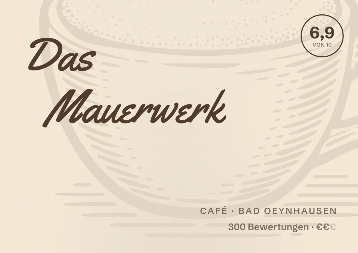 Illustriertes Poster von Das Mauerwerk, Café in Bad Oeynhausen: Bewertung 6,9 von 10 aus 300 Bewertungen, Preisniveau €€