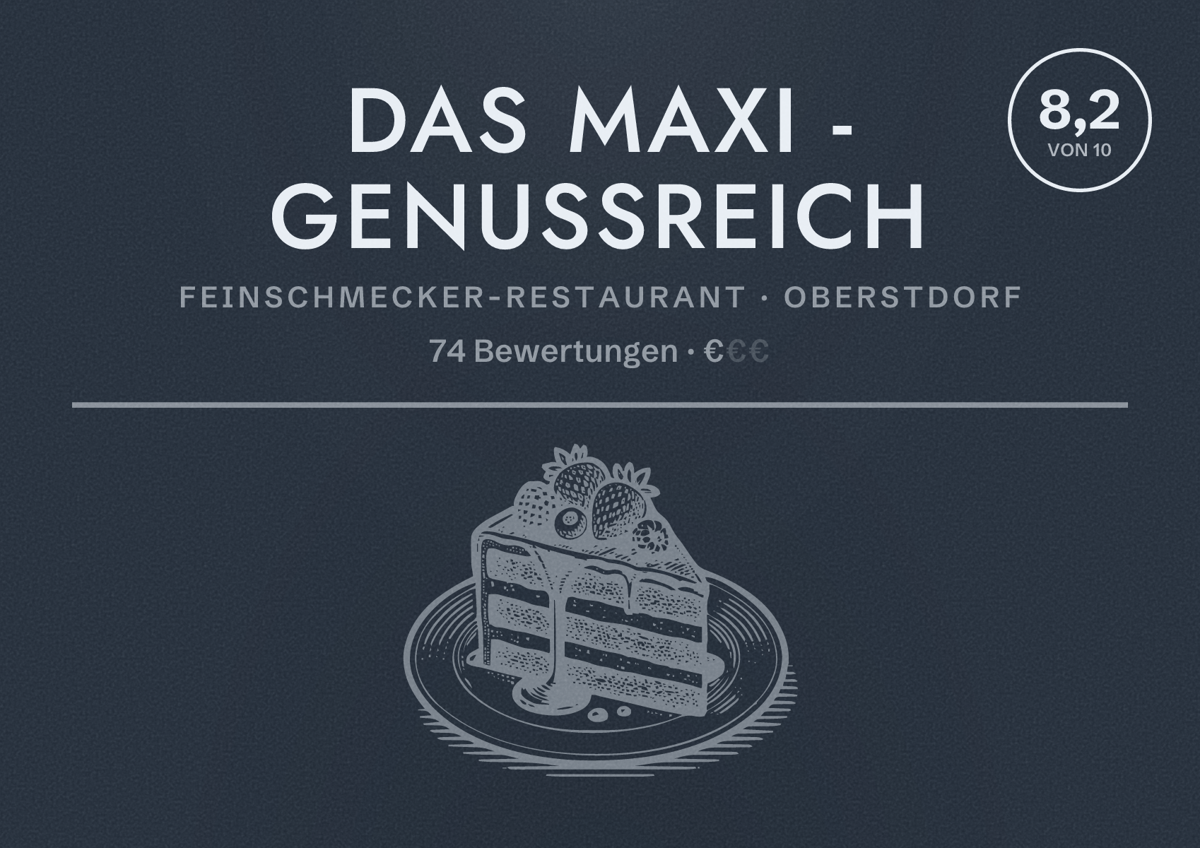 Illustriertes Poster von Das Maxi - Genussreich, Feinschmecker-Restaurant in Oberstdorf: Bewertung 8,2 von 10 aus 74 Bewertungen, Preisniveau €