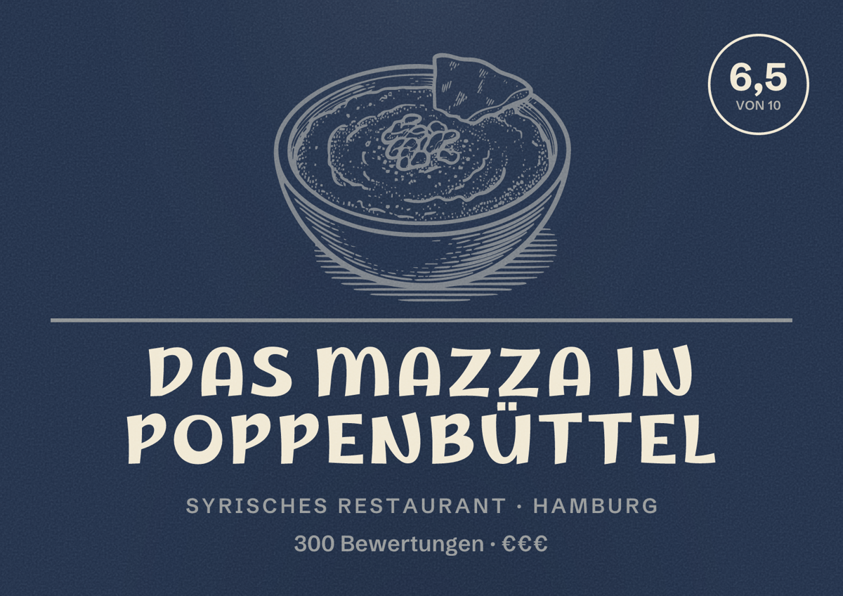 Illustriertes Poster von DAS MAZZA in Poppenbüttel, Syrisches Restaurant in Hamburg: Bewertung 6,5 von 10 aus 300 Bewertungen, Preisniveau €€€