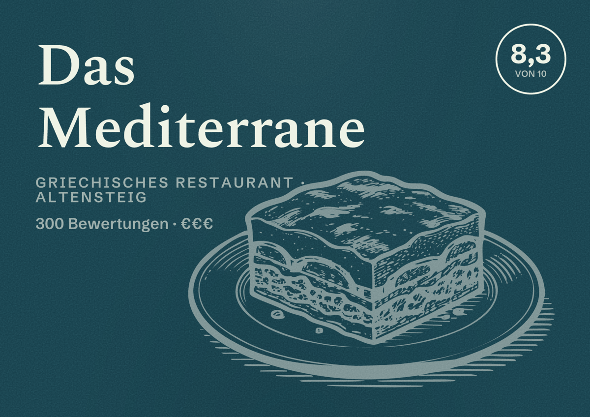 Illustriertes Poster von Das Mediterrane, Griechisches Restaurant in Altensteig: Bewertung 8,3 von 10 aus 300 Bewertungen, Preisniveau €€€