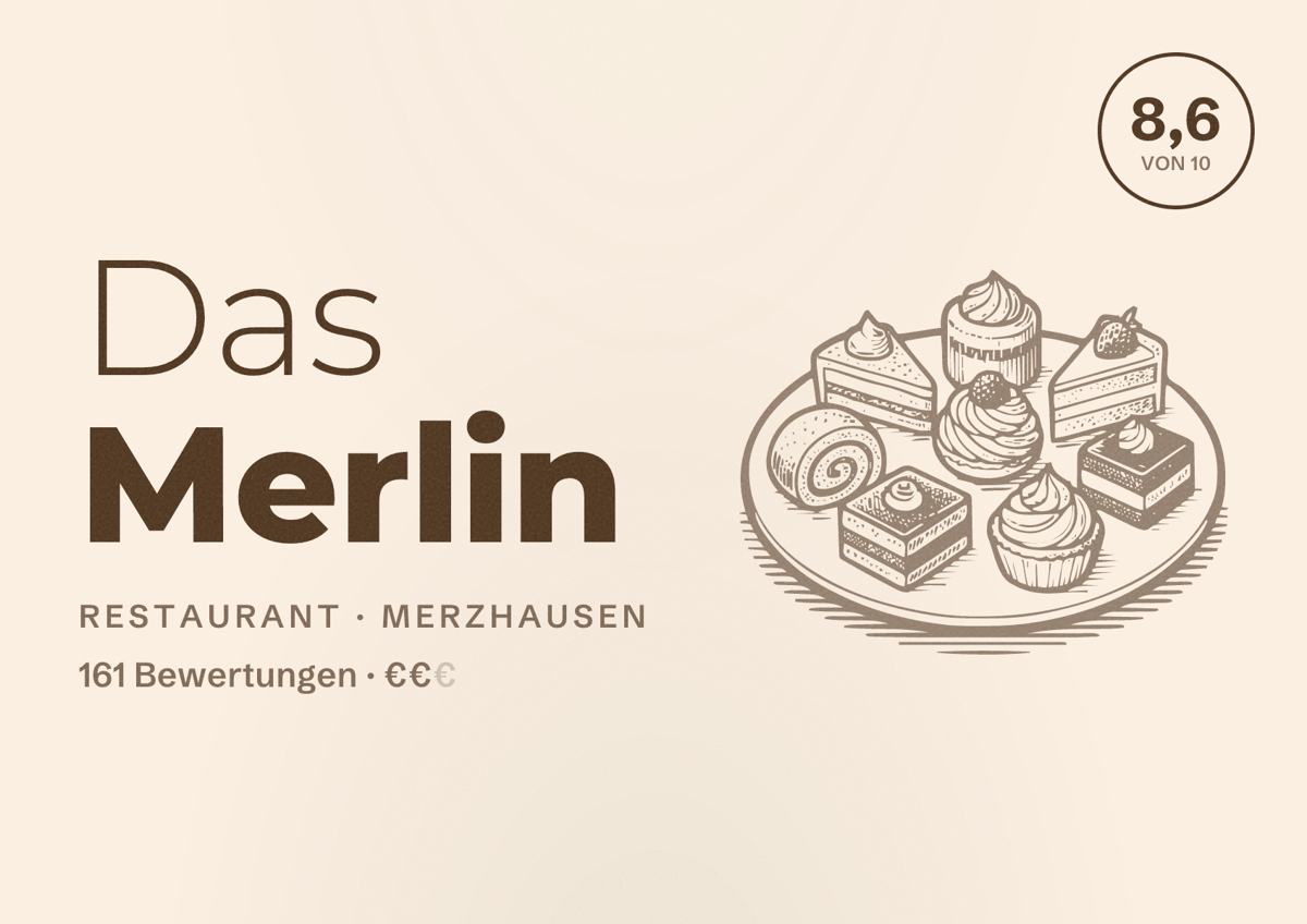 Illustriertes Poster von Das Merlin, Restaurant in Merzhausen: Bewertung 8,6 von 10 aus 161 Bewertungen, Preisniveau €€