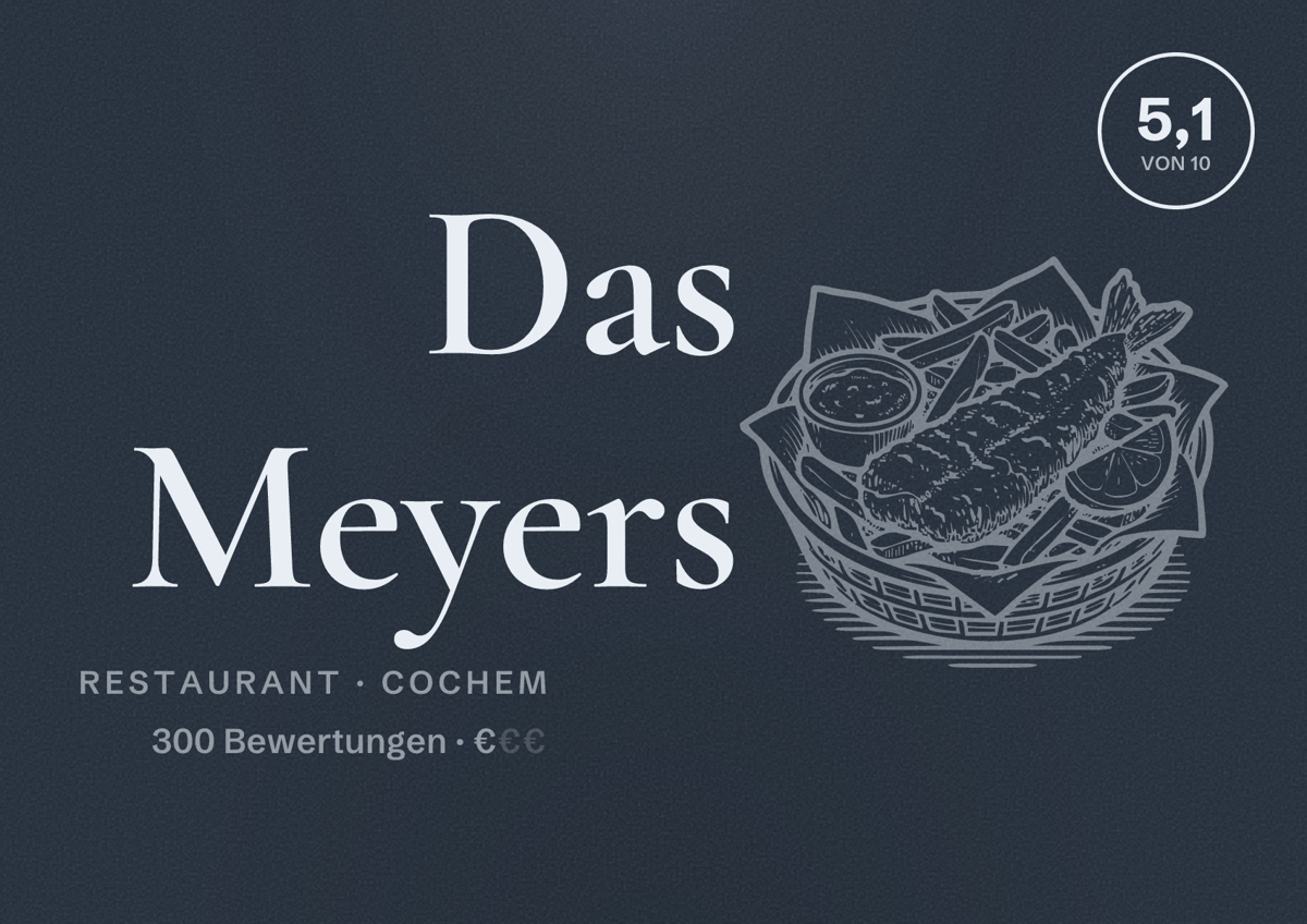 Illustriertes Poster von Das Meyers, Restaurant in Cochem: Bewertung 5,1 von 10 aus 300 Bewertungen, Preisniveau €