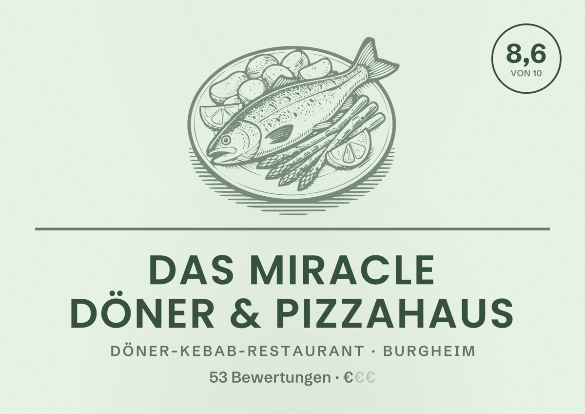 Illustriertes Poster von Das Miracle Döner & Pizzahaus, Döner-Kebab-Restaurant in Burgheim: Bewertung 8,6 von 10 aus 53 Bewertungen, Preisniveau €