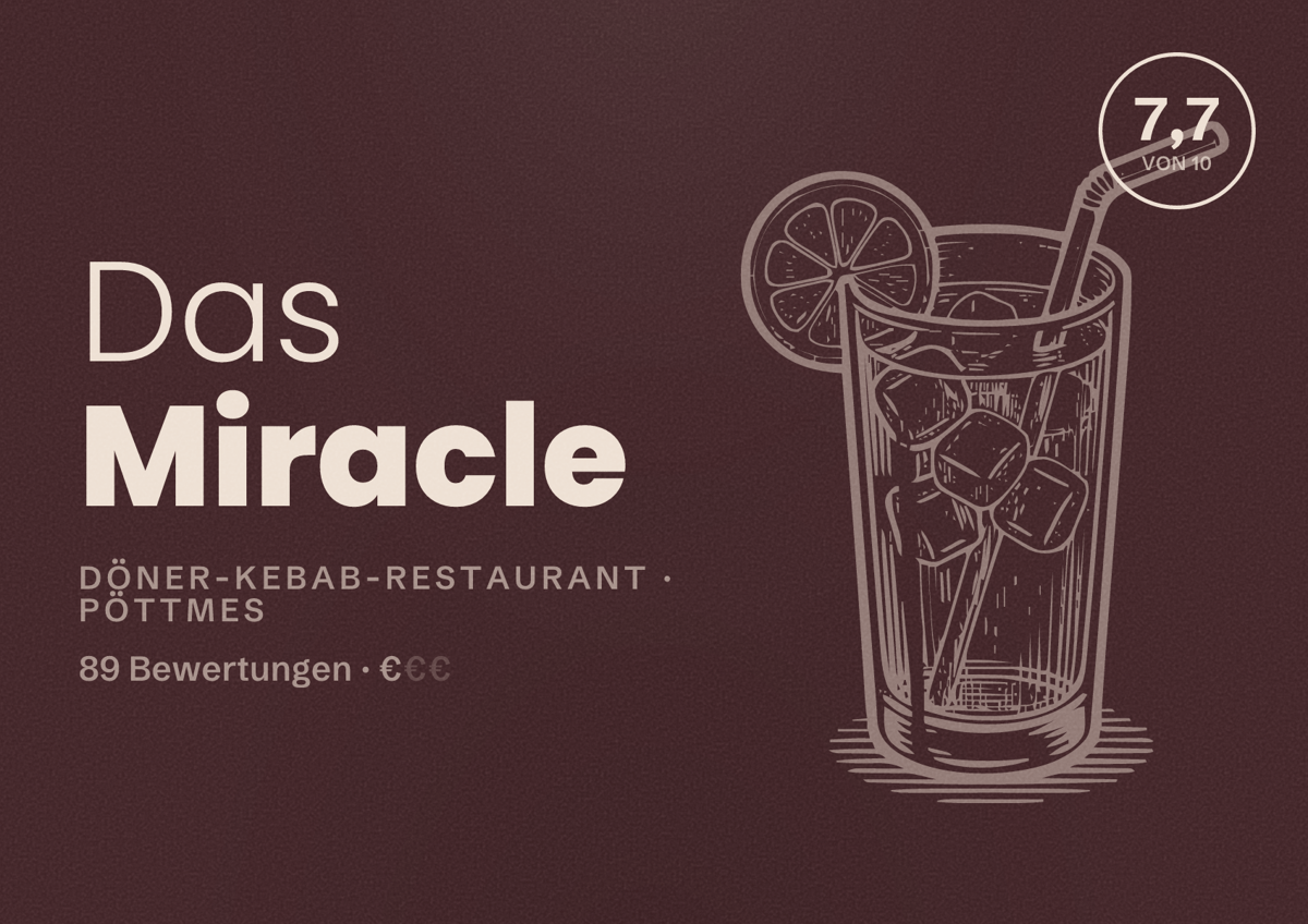 Illustriertes Poster von Das Miracle, Döner-Kebab-Restaurant in Pöttmes: Bewertung 7,7 von 10 aus 89 Bewertungen, Preisniveau €
