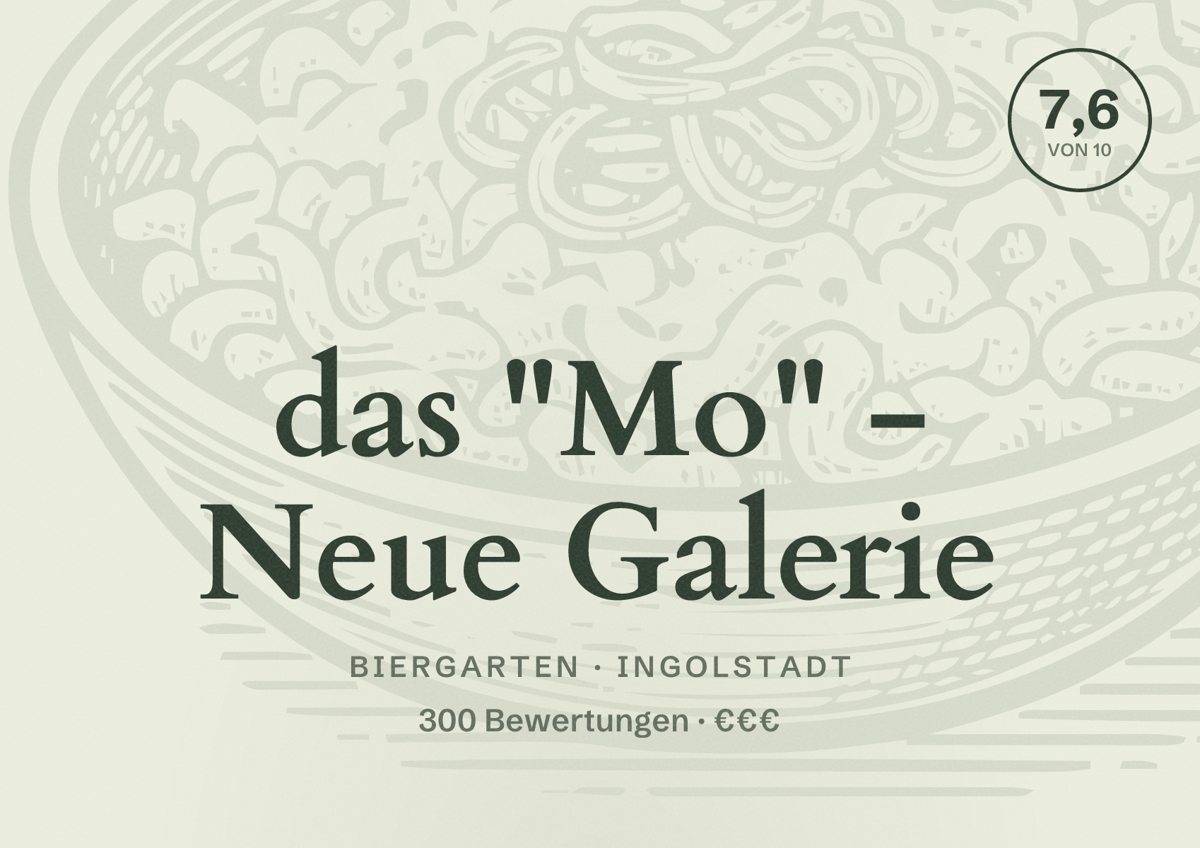 Illustriertes Poster von das "Mo" - Neue Galerie, Biergarten in Ingolstadt: Bewertung 7,6 von 10 aus 300 Bewertungen, Preisniveau €€€